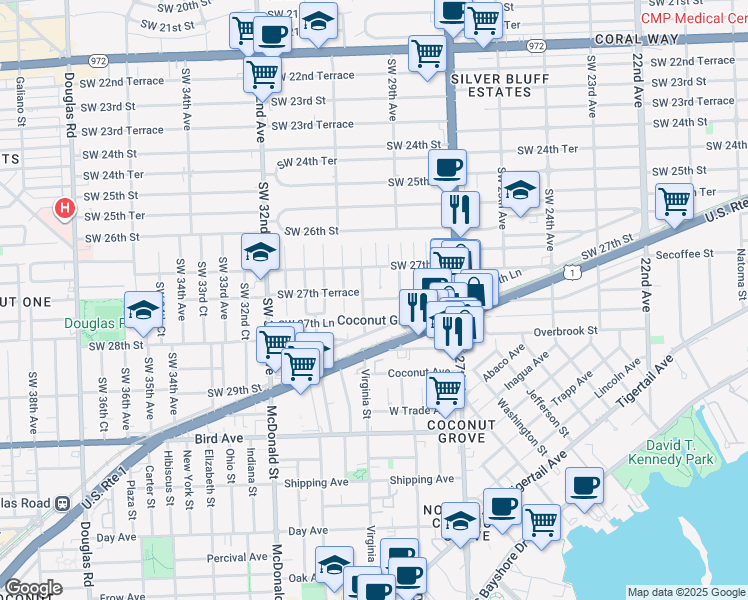 map of restaurants, bars, coffee shops, grocery stores, and more near 2923 Southwest 27th Lane in Miami