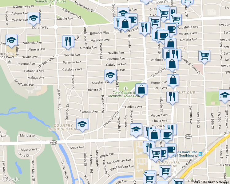 map of restaurants, bars, coffee shops, grocery stores, and more near 3400 Segovia Street in Coral Gables
