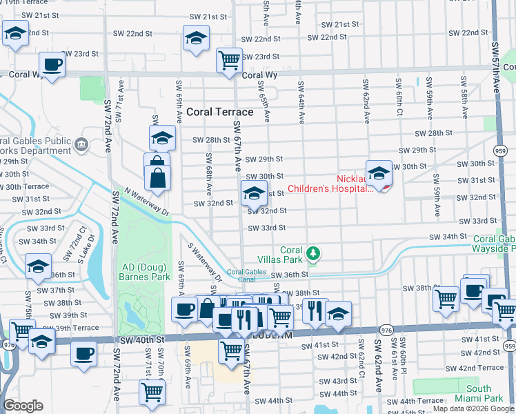map of restaurants, bars, coffee shops, grocery stores, and more near 6590 Southwest 32nd Street in Miami