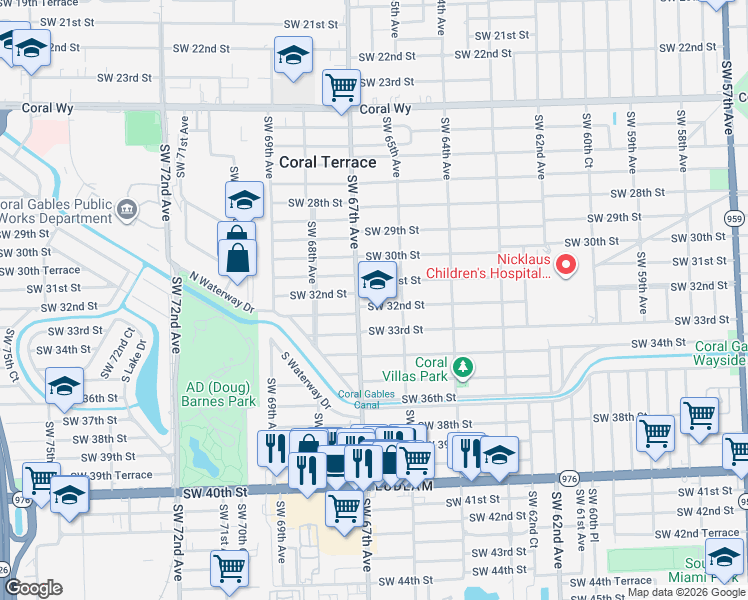 map of restaurants, bars, coffee shops, grocery stores, and more near 6590 Southwest 32nd Street in Miami