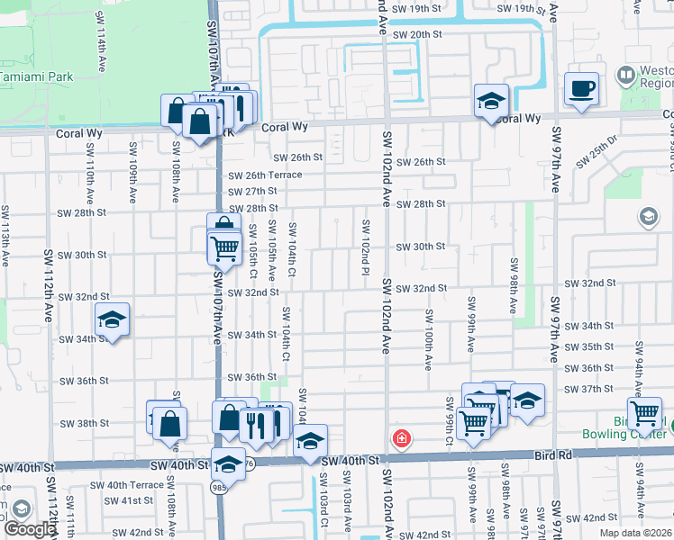 map of restaurants, bars, coffee shops, grocery stores, and more near 3130 Southwest 103rd Court in Miami