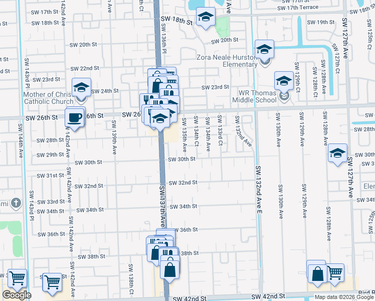 map of restaurants, bars, coffee shops, grocery stores, and more near 13473 Southwest 30th Street in Miami
