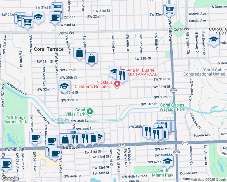 map of restaurants, bars, coffee shops, grocery stores, and more near 3100 Southwest 62nd Avenue in Miami
