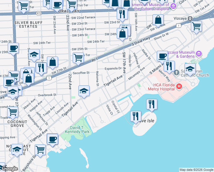 map of restaurants, bars, coffee shops, grocery stores, and more near 3230 Crystal Court in Miami