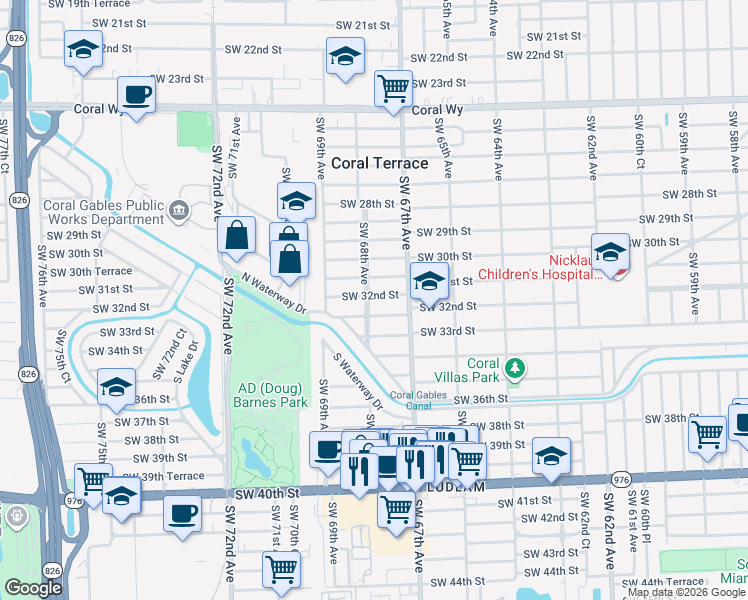 map of restaurants, bars, coffee shops, grocery stores, and more near 6730 Southwest 32nd Terrace in Miami