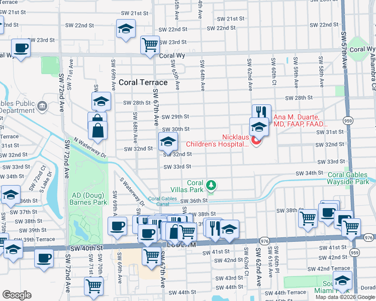map of restaurants, bars, coffee shops, grocery stores, and more near 3225 Southwest 65th Avenue in Miami