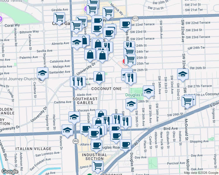 map of restaurants, bars, coffee shops, grocery stores, and more near in Coral Gables