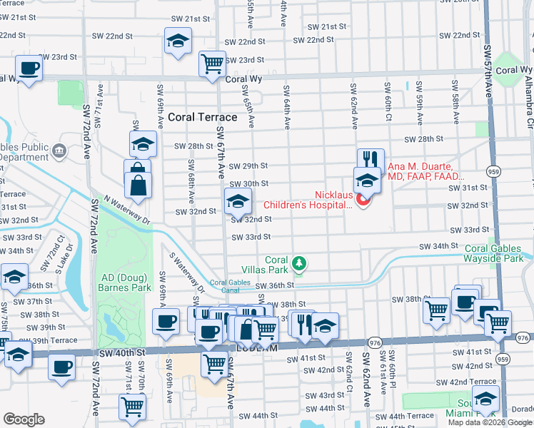 map of restaurants, bars, coffee shops, grocery stores, and more near 3225 Southwest 65th Avenue in Miami