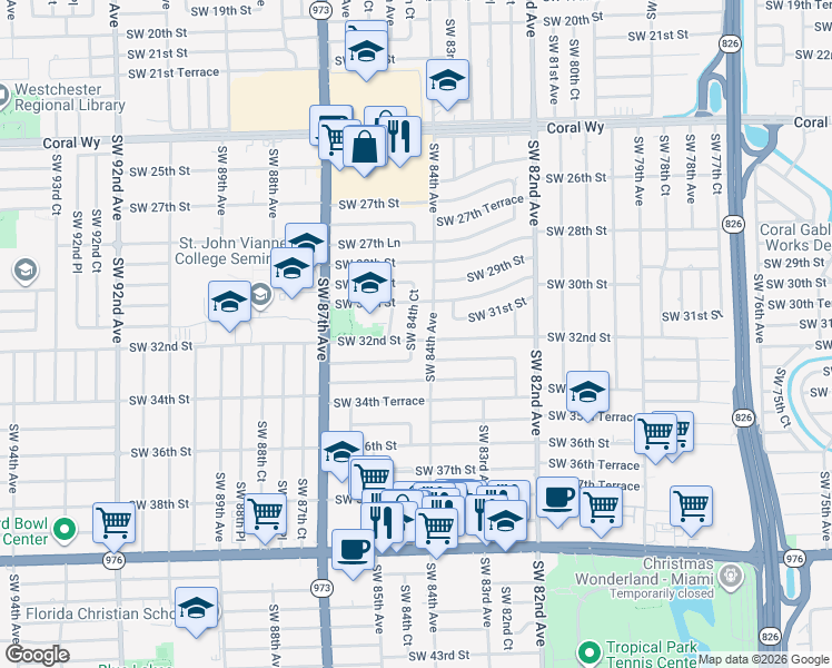 map of restaurants, bars, coffee shops, grocery stores, and more near 8431 Southwest 32nd Terrace in Miami