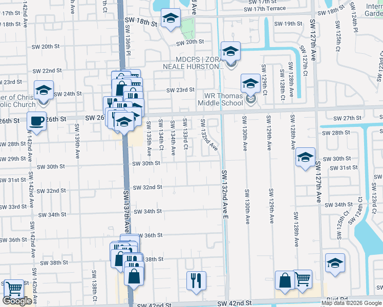map of restaurants, bars, coffee shops, grocery stores, and more near 13278 Southwest 30th Street in Miami