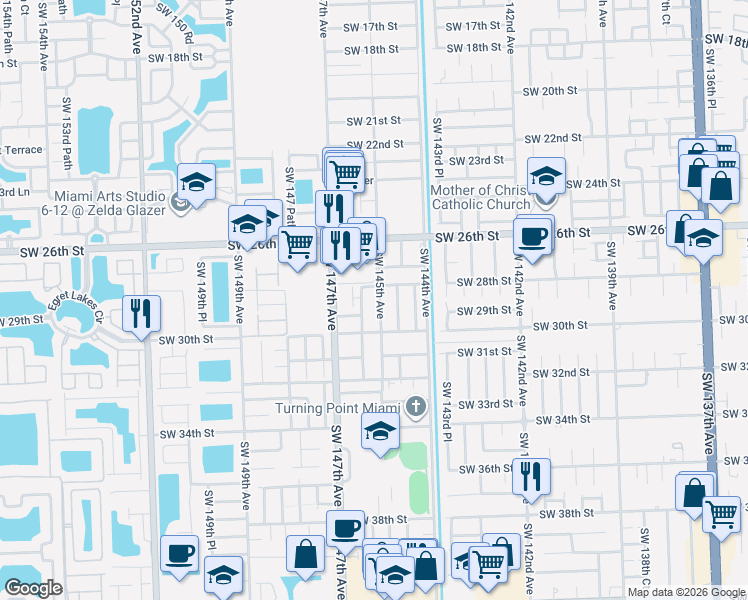 map of restaurants, bars, coffee shops, grocery stores, and more near 2945 Southwest 145th Avenue in Miami