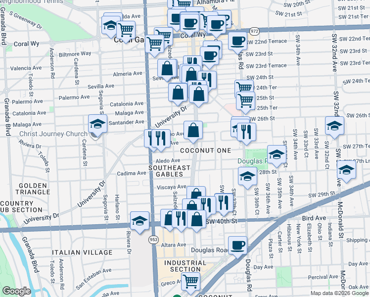map of restaurants, bars, coffee shops, grocery stores, and more near 221 Aledo Avenue in Coral Gables