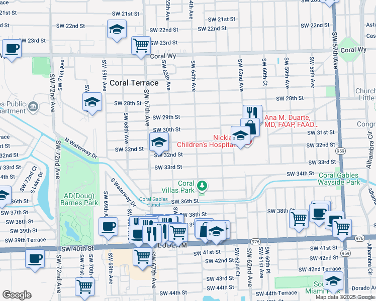 map of restaurants, bars, coffee shops, grocery stores, and more near 6435 Southwest 32nd Street in Miami
