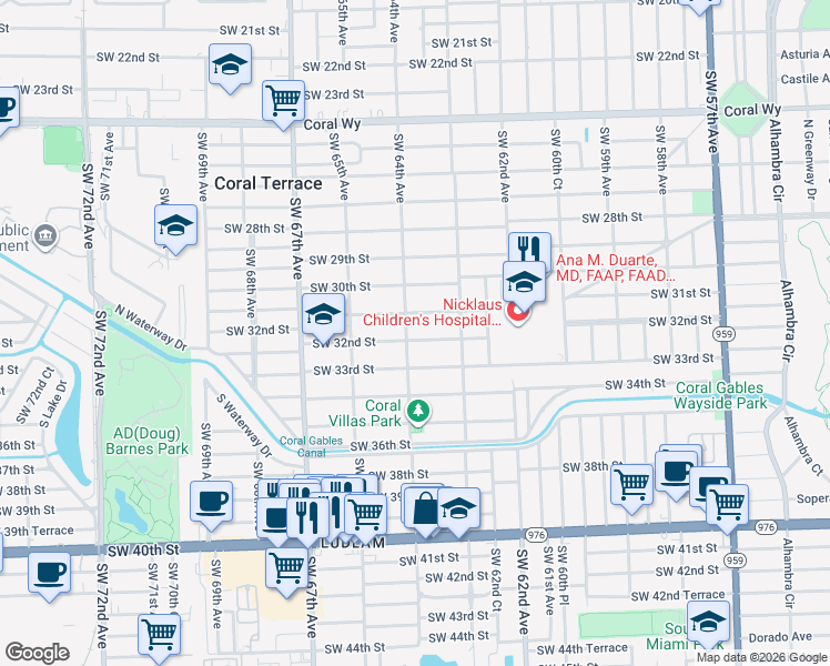 map of restaurants, bars, coffee shops, grocery stores, and more near 3222 Southwest 64th Avenue in Miami