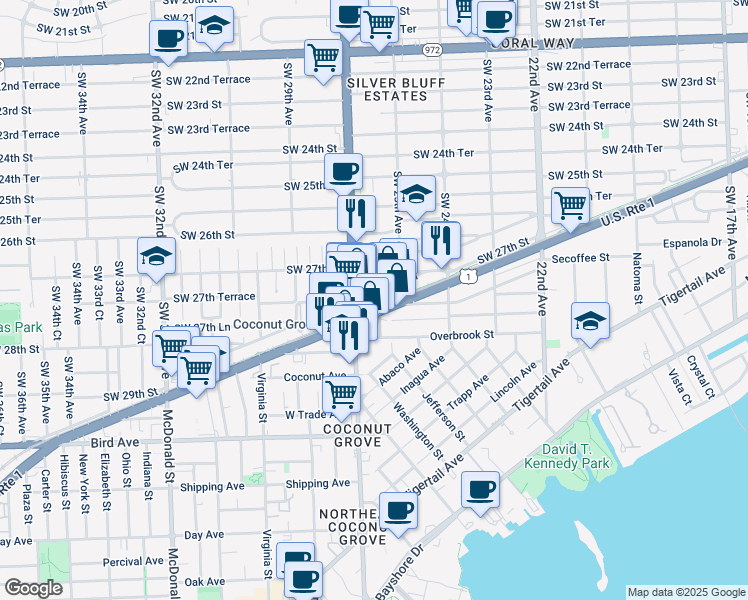 map of restaurants, bars, coffee shops, grocery stores, and more near 2530 Southwest 27th Street in Miami