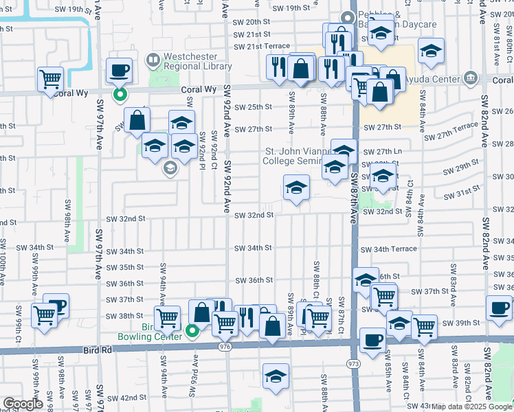 map of restaurants, bars, coffee shops, grocery stores, and more near 3146 Southwest 90th Avenue in Miami
