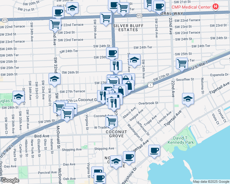 map of restaurants, bars, coffee shops, grocery stores, and more near 2742 Southwest 27th Avenue in Miami