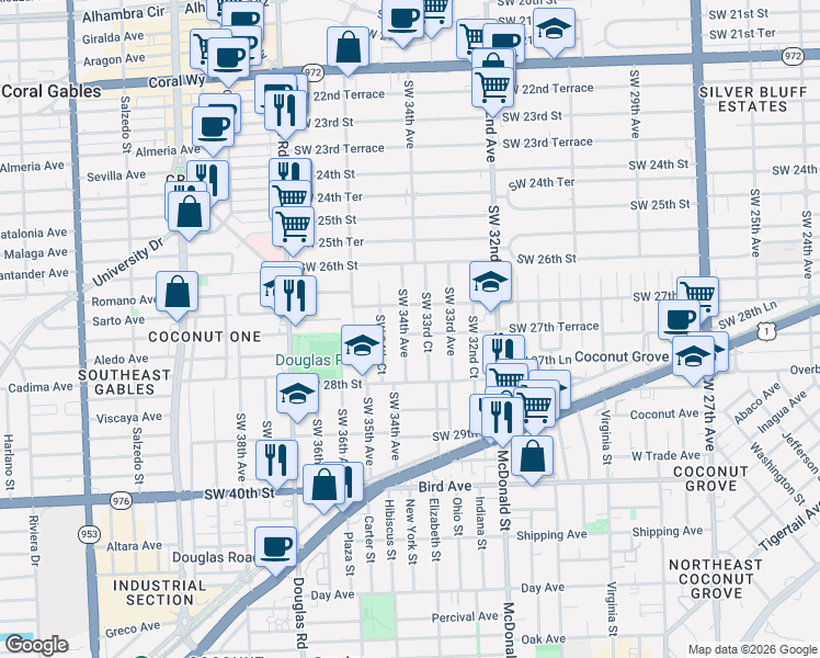 map of restaurants, bars, coffee shops, grocery stores, and more near 3400-3402 Southwest 27th Street in Miami