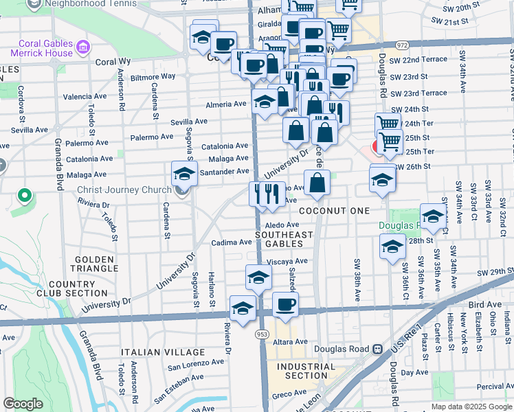 map of restaurants, bars, coffee shops, grocery stores, and more near 3225 South Le Jeune Road in Coral Gables
