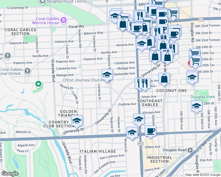 map of restaurants, bars, coffee shops, grocery stores, and more near 610 Anastasia Avenue in Coral Gables