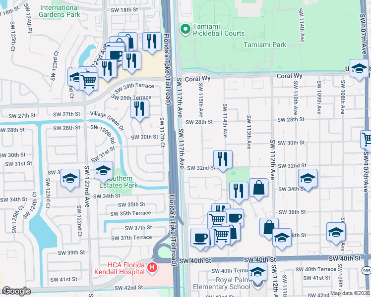 map of restaurants, bars, coffee shops, grocery stores, and more near 2921 Southwest 117th Avenue in Miami