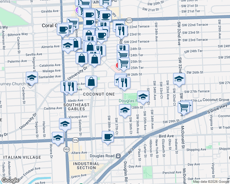 map of restaurants, bars, coffee shops, grocery stores, and more near 3783 Southwest 27th Street in Miami