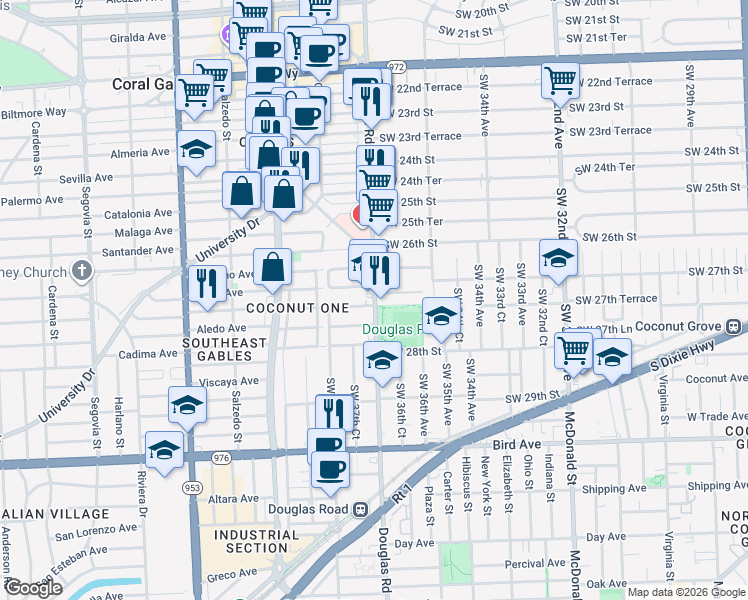 map of restaurants, bars, coffee shops, grocery stores, and more near 2660 Southwest 37th Avenue in Miami