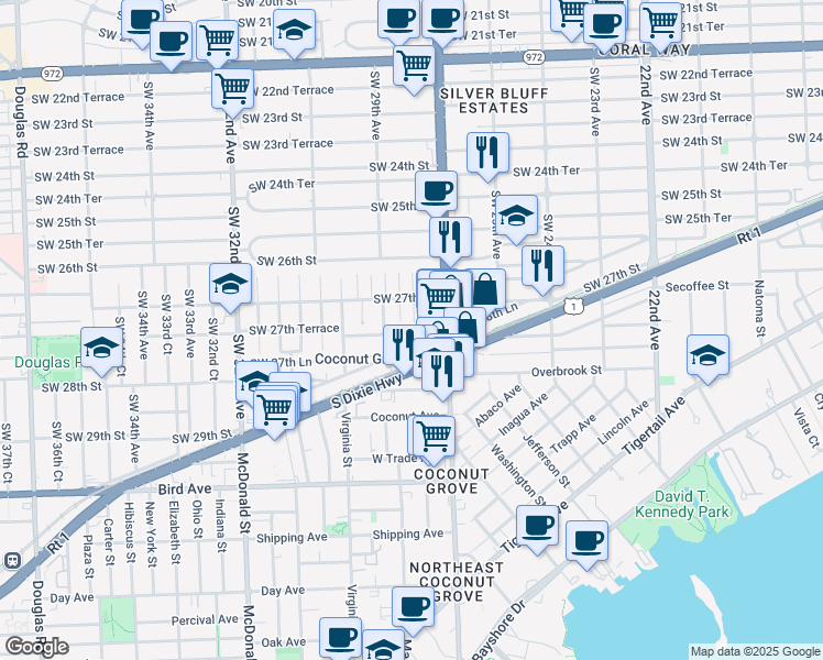 map of restaurants, bars, coffee shops, grocery stores, and more near 2721 Southwest 28th Court in Miami