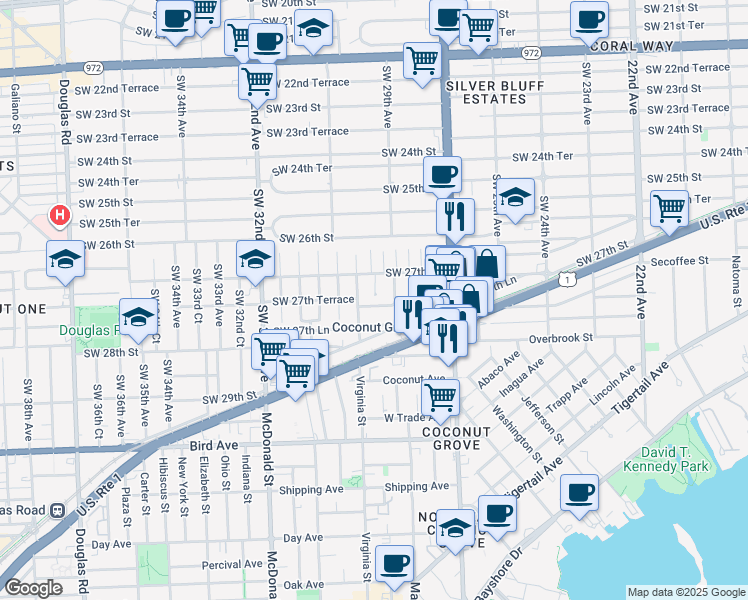 map of restaurants, bars, coffee shops, grocery stores, and more near 2711 Southwest 29th Court in Miami