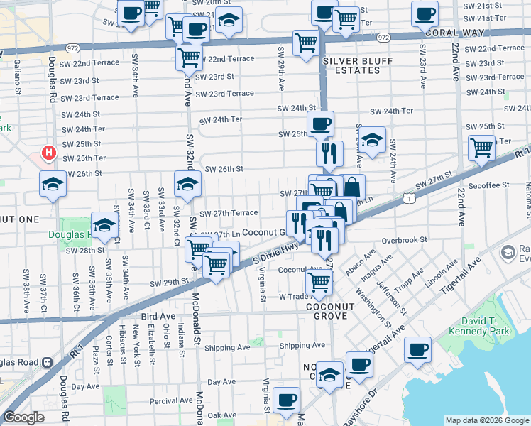 map of restaurants, bars, coffee shops, grocery stores, and more near 2945 Southwest 27th Terrace in Miami