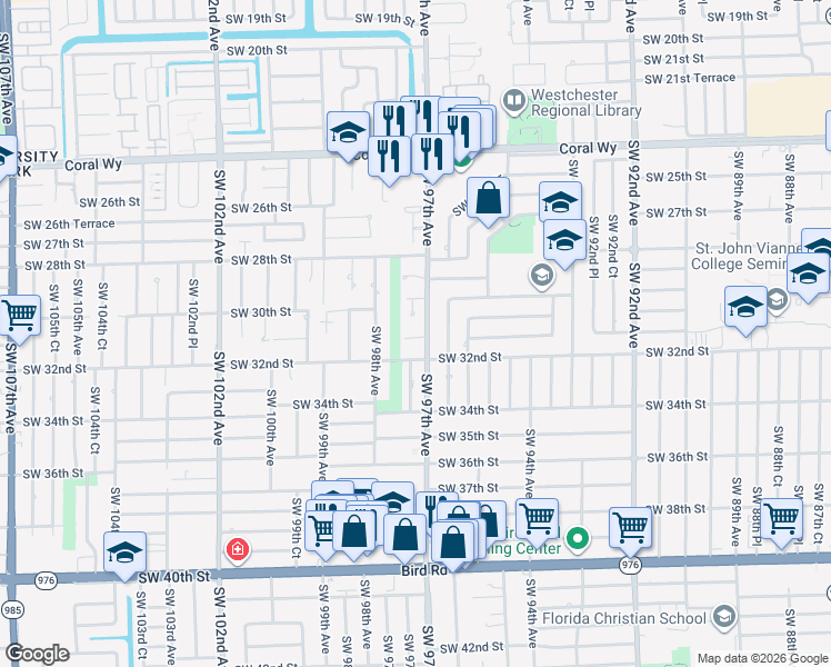map of restaurants, bars, coffee shops, grocery stores, and more near 3021 Southwest 97th Court in Miami