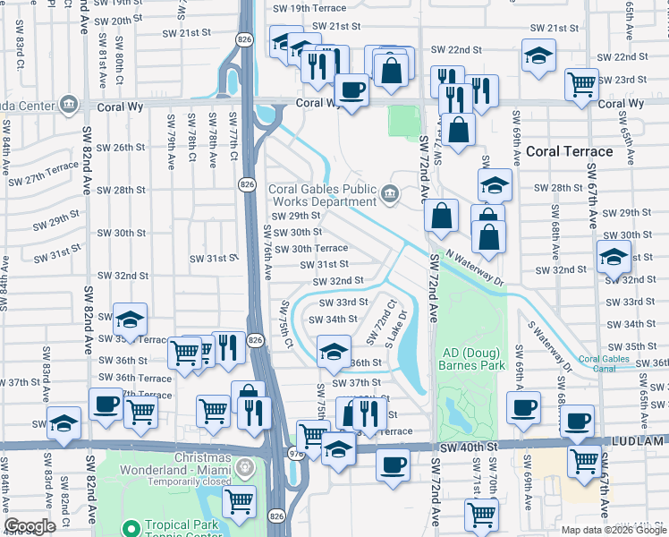 map of restaurants, bars, coffee shops, grocery stores, and more near 7450 Southwest 30th Terrace in Miami