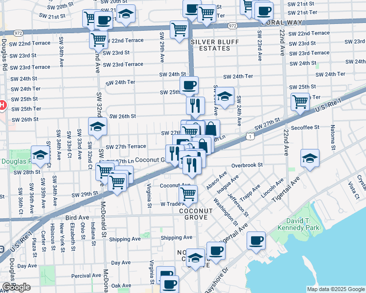 map of restaurants, bars, coffee shops, grocery stores, and more near 2721 Southwest 28th Court in Miami