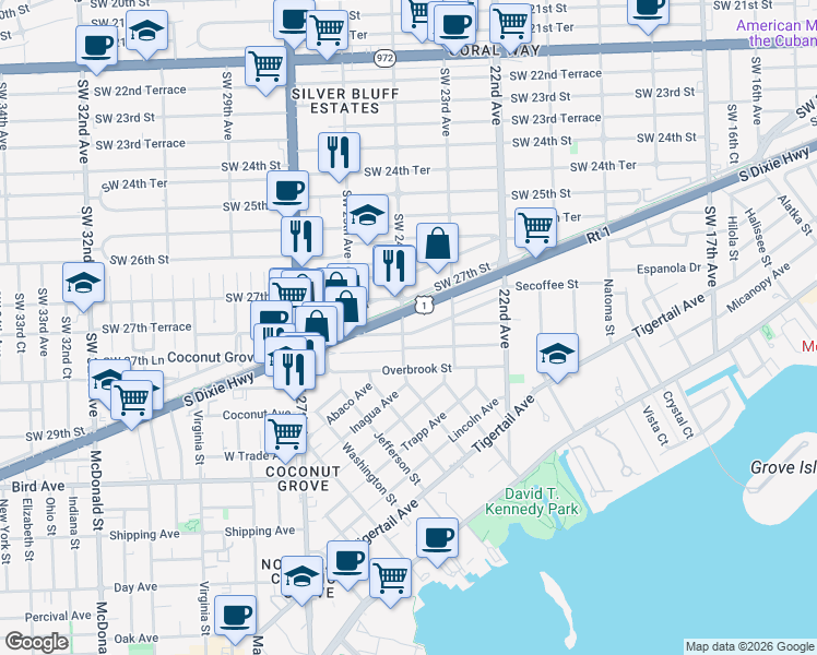 map of restaurants, bars, coffee shops, grocery stores, and more near 2370 South Dixie Highway in Miami