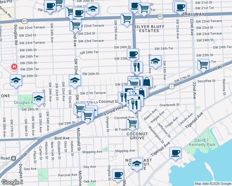 map of restaurants, bars, coffee shops, grocery stores, and more near 2909 Southwest 27th Terrace in Miami