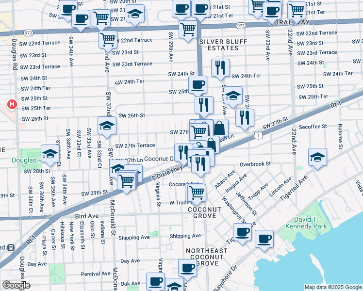 map of restaurants, bars, coffee shops, grocery stores, and more near 2721 Southwest 28th Court in Miami