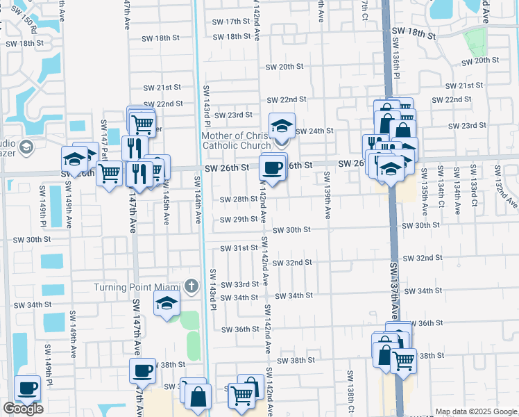 map of restaurants, bars, coffee shops, grocery stores, and more near 2801 Southwest 142nd Avenue in Miami