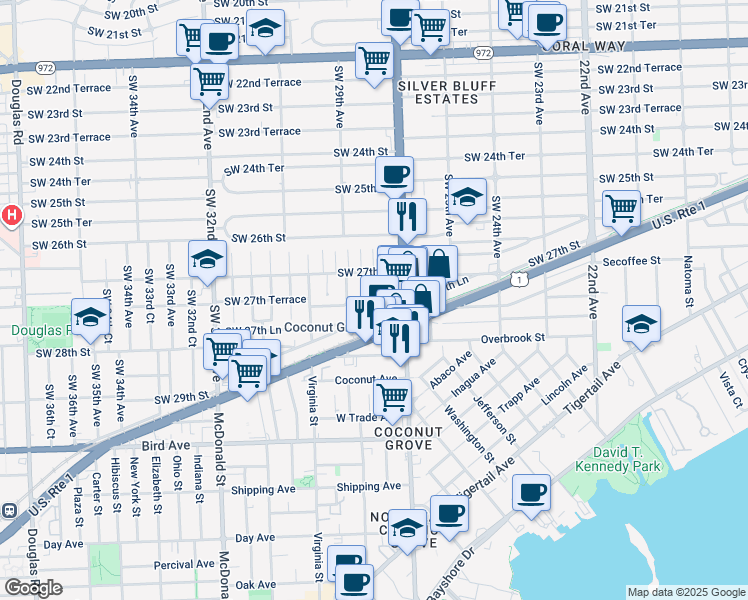 map of restaurants, bars, coffee shops, grocery stores, and more near 2721 Southwest 28th Court in Miami