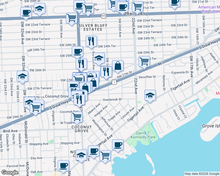 map of restaurants, bars, coffee shops, grocery stores, and more near 2370 South Dixie Highway in Miami