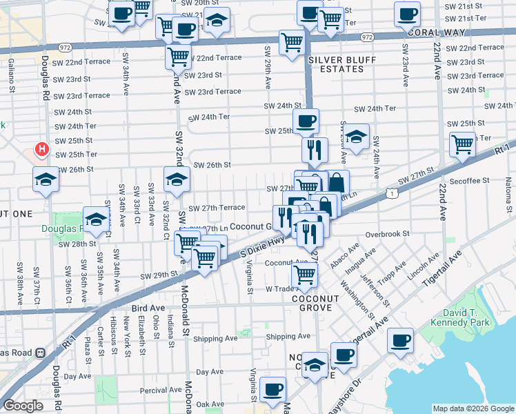 map of restaurants, bars, coffee shops, grocery stores, and more near 2711 Southwest 29th Court in Miami