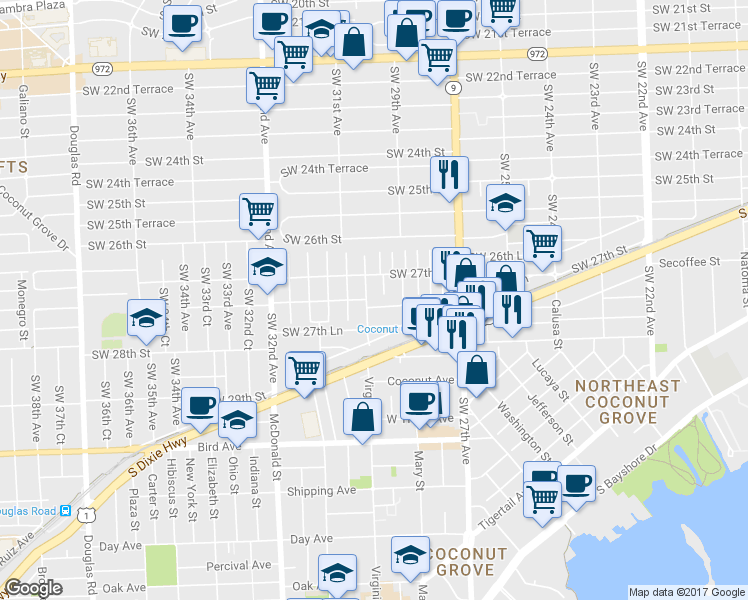 map of restaurants, bars, coffee shops, grocery stores, and more near 2711 Southwest 29th Court in Miami