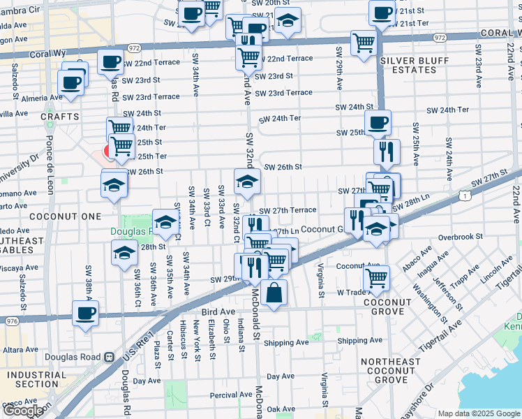 map of restaurants, bars, coffee shops, grocery stores, and more near 3170 Southwest 27th Street in Miami