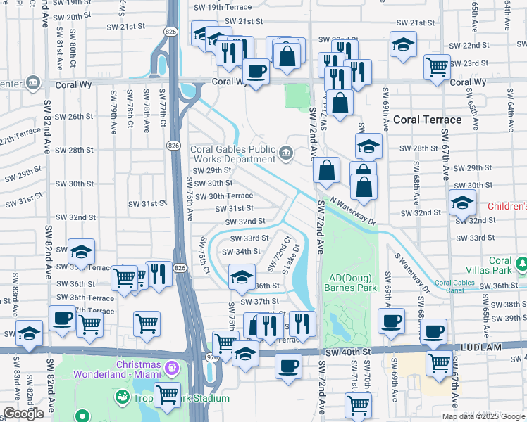 map of restaurants, bars, coffee shops, grocery stores, and more near 7330 Southwest 34th Street Road in Miami