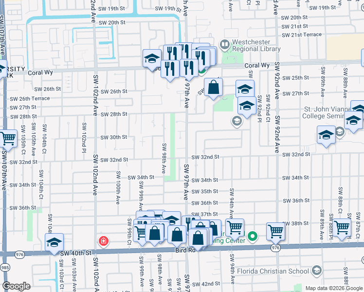 map of restaurants, bars, coffee shops, grocery stores, and more near 3021 Southwest 97th Court in Miami