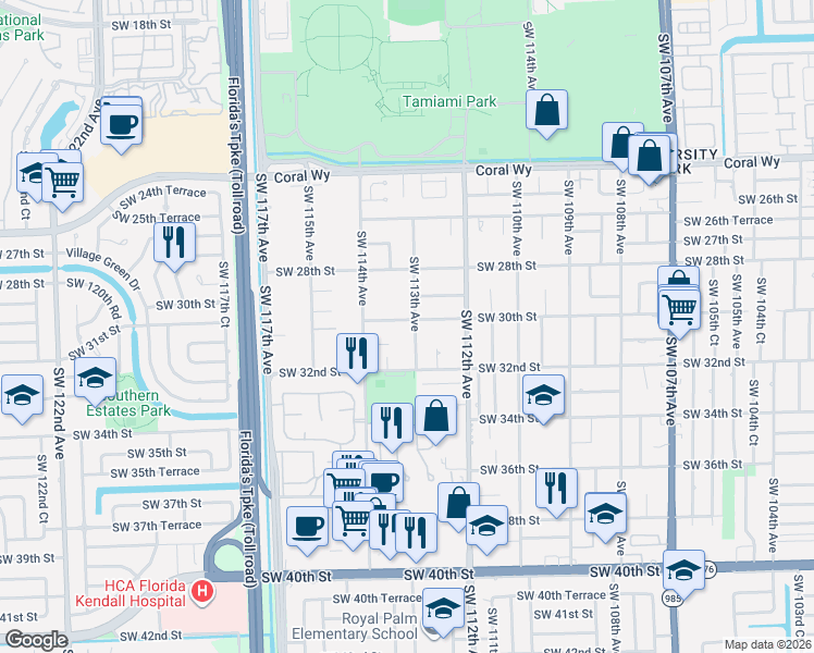 map of restaurants, bars, coffee shops, grocery stores, and more near 2995 Southwest 113th Avenue in Miami