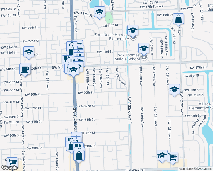 map of restaurants, bars, coffee shops, grocery stores, and more near 13392 Southwest 28th Street in Miami