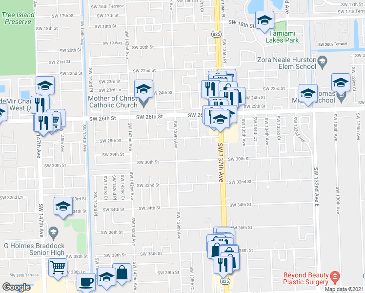 map of restaurants, bars, coffee shops, grocery stores, and more near 2804 Southwest 138th Path in Miami