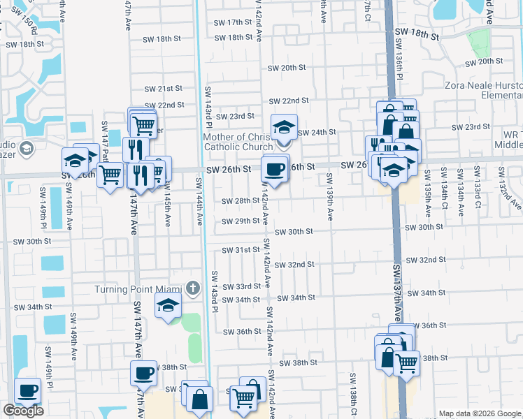 map of restaurants, bars, coffee shops, grocery stores, and more near 2801 Southwest 142nd Avenue in Miami