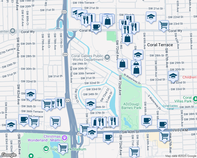 map of restaurants, bars, coffee shops, grocery stores, and more near 7330 Southwest 34th Street Road in Miami