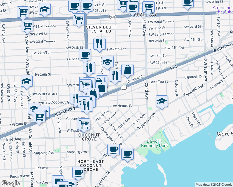 map of restaurants, bars, coffee shops, grocery stores, and more near 2370 South Dixie Highway in Miami